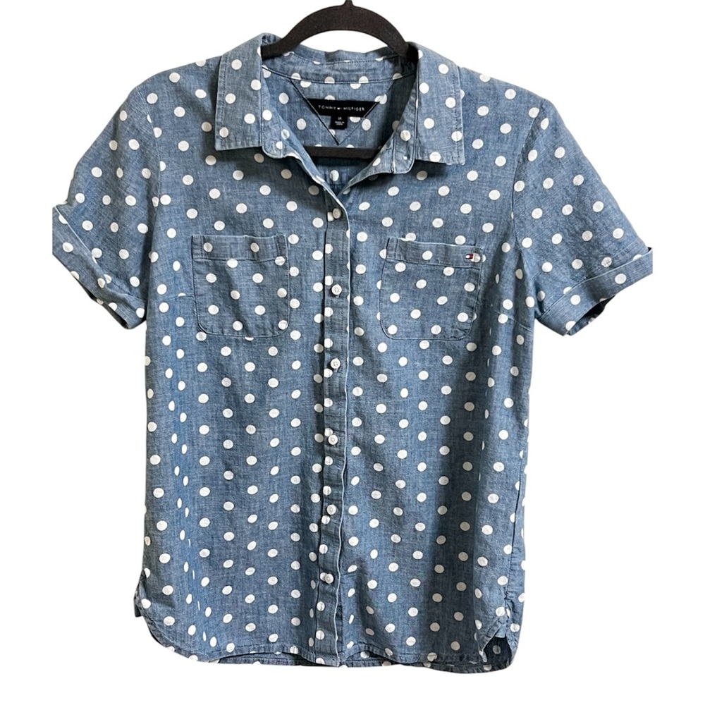 Tommy Hilfiger Blue Polka Dot Short Sleeve Shirt 100% Cotton Preppy Size Medium